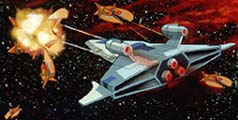 A Scimitar-class fighter takes on a wing of Dralthi